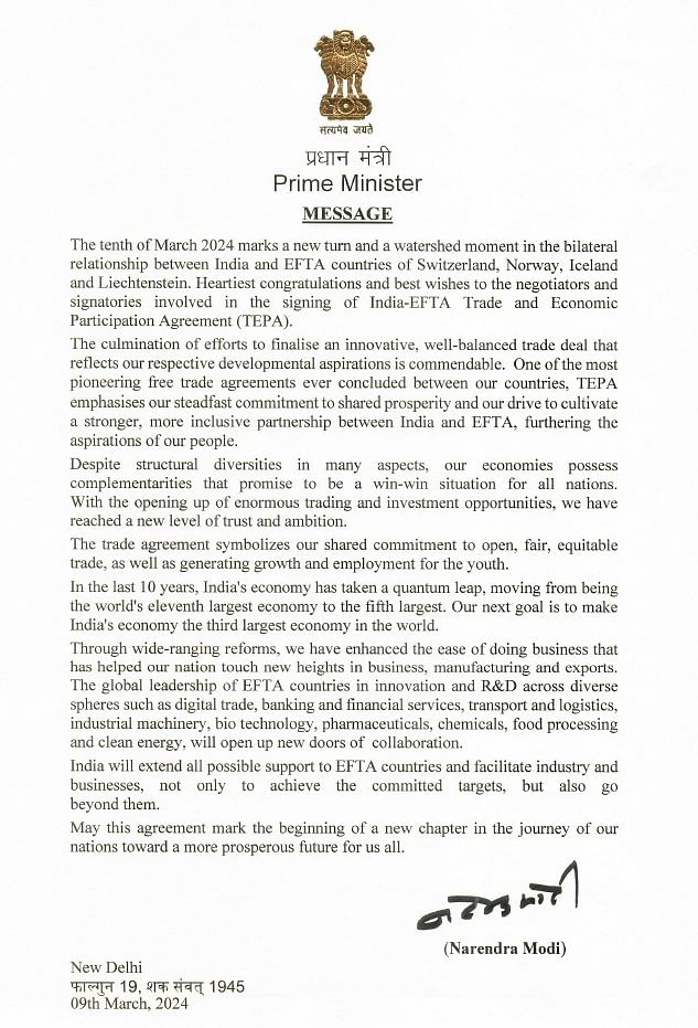 Prime Minister Modi's message after the India-EFTA trade deal was signed and exchanged.