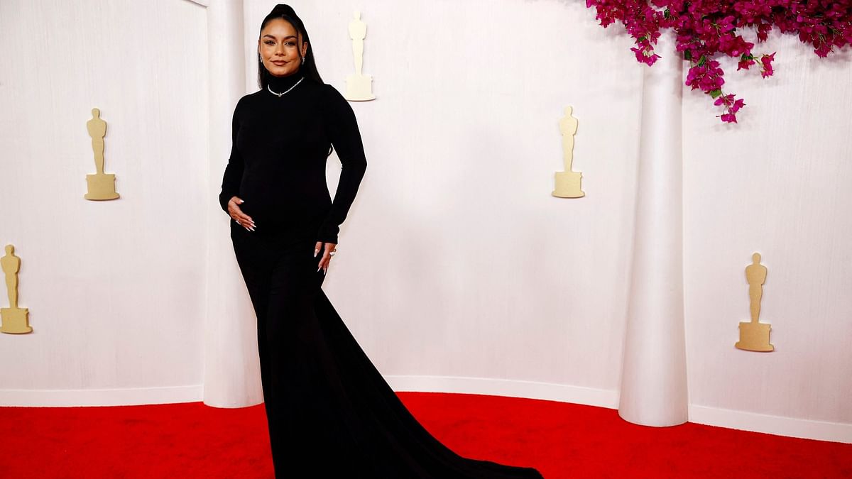 Vanessa Hudgens, who announced her pregnancy with baseball player husband Cole Tucker, made a big statement with her black long-sleeved body-con gown.