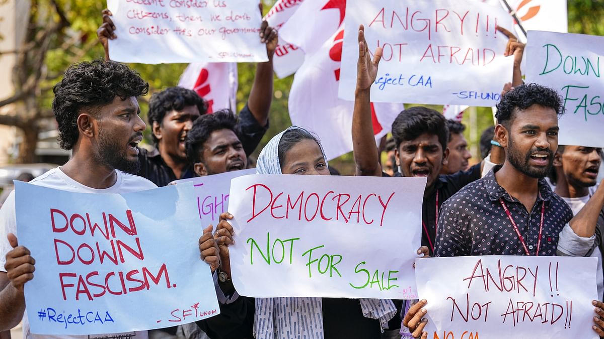 Members of Students' Federation of India (SFI) staged a protest, a day after the Modi led government notified the rules for implementation of the Citizenship (Amendment) Act, at Madras University, in Chennai.