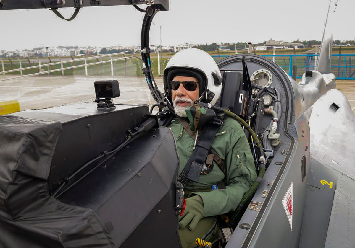Prime Minister Narendra Modi takes a sortie on the Tejas, in Bengaluru, Saturday, Nov 25, 2023.