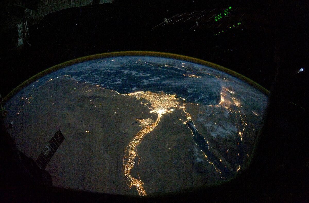 The lights of Cairo, Alexandria and the Nile River seen from the International Space Station.