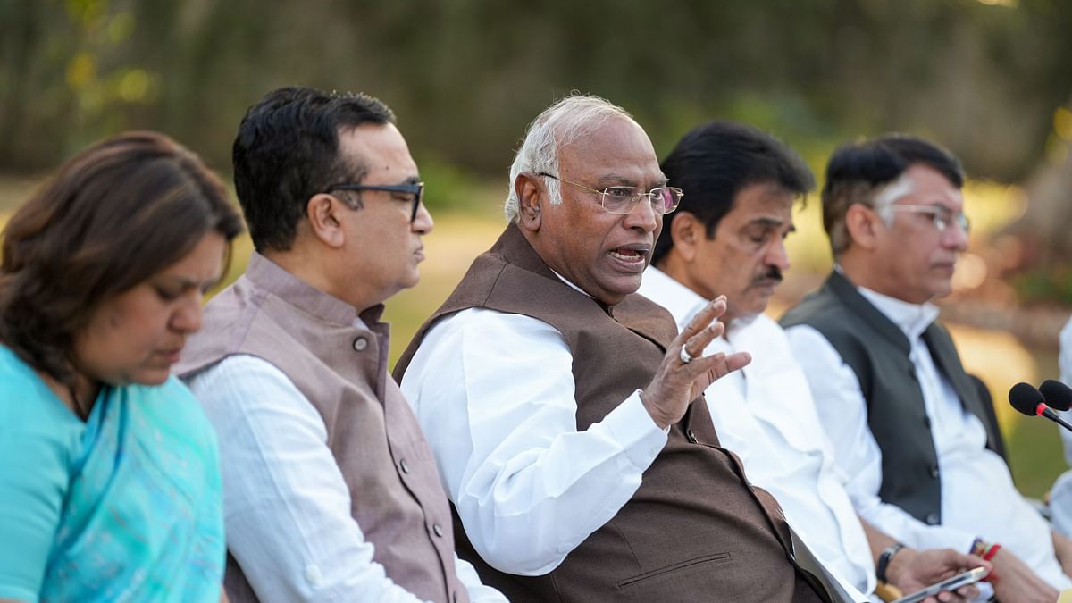 Congress President Mallikarjun Kharge with party leaders Ajay Maken, K C Venugopal and others addresses a press conference at his residence, in New Delhi, Tuesday, March 12, 2024. 