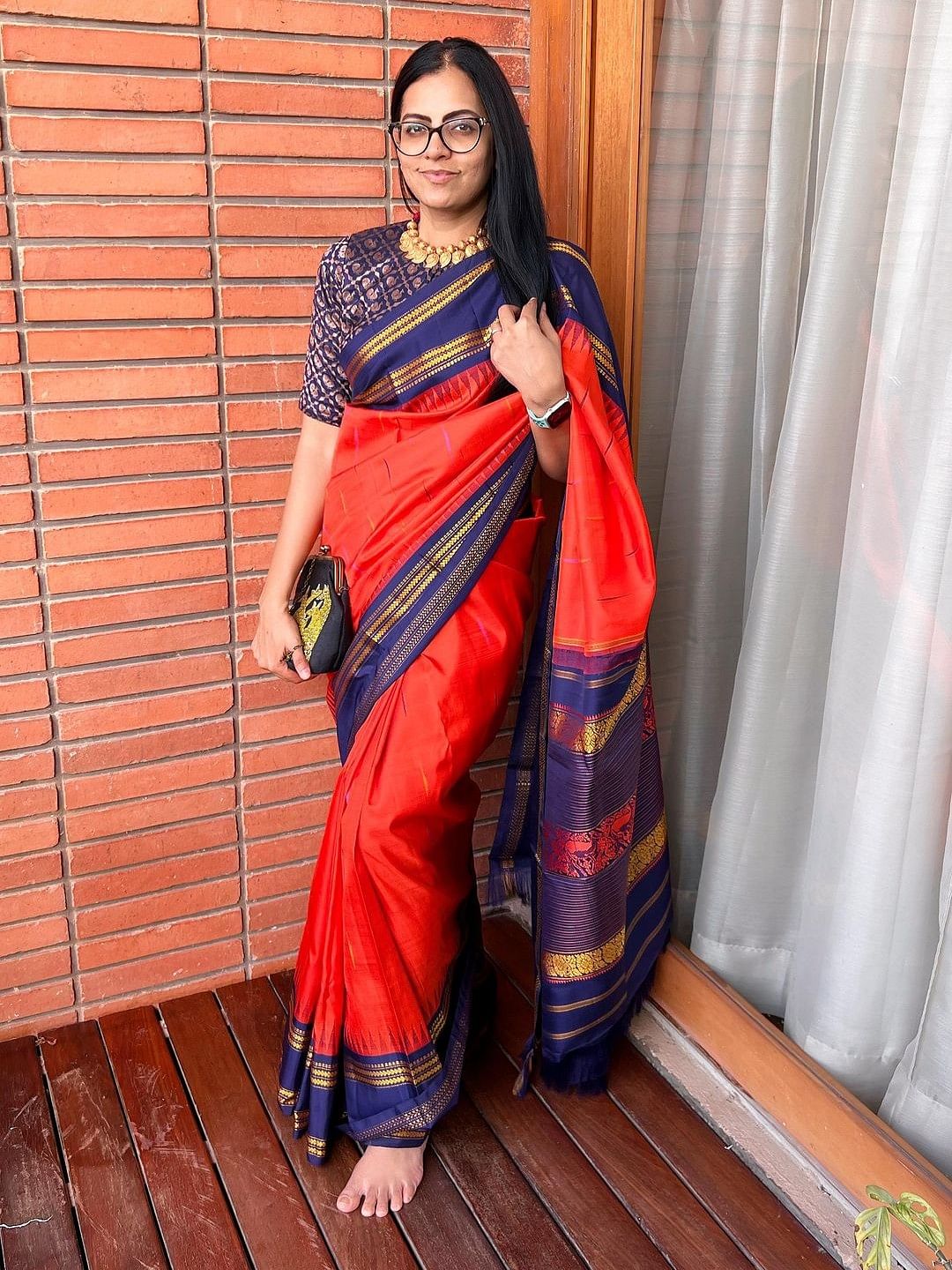 Be it a Kancheepuram Silk, Ikat Print or linen saree, Gayathri has a penchant for blending traditional aesthetics with contemporary sensibilities.