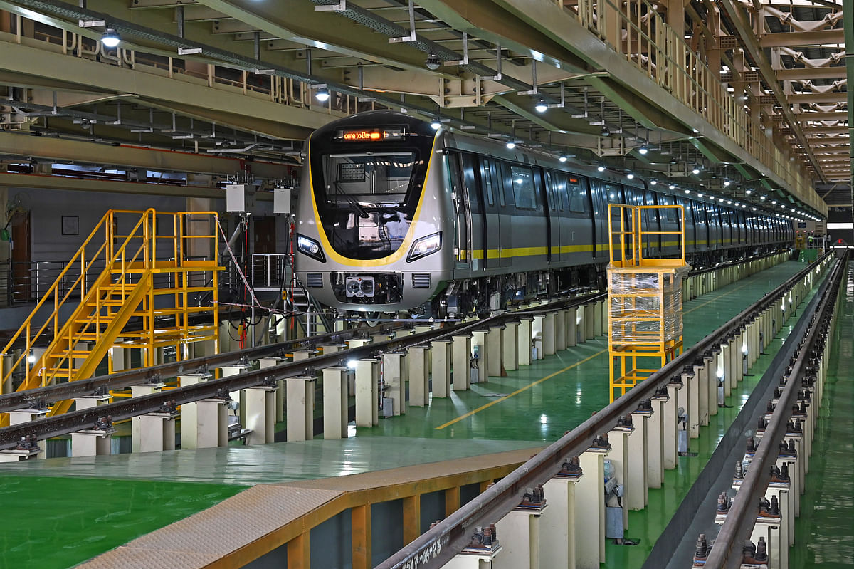 A view of Bengaluru Metro’s first driverless train at the Hebbagodi depot on Wednesday. DH PHOTO/PUSHKAR V