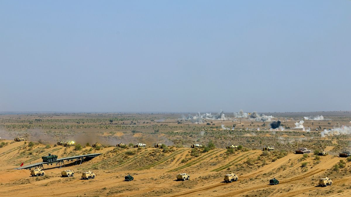 Indian military vehicles during the 'Bharat Shakti' exercise at Pokhran, Rajasthan.