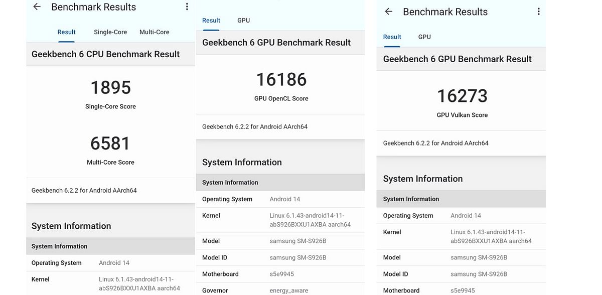 Samsung Galaxy S24 Plus' CPU and GPU performance score on Geekbench 6.0 app.