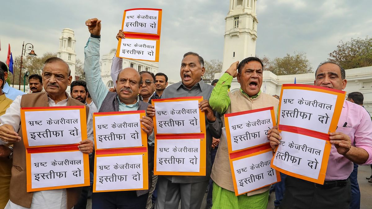 Delhi BJP leaders, workers demand Arvind Kejriwal's resignation during protest outside Assembly