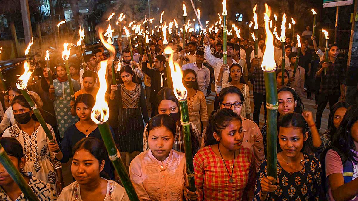 Members of All Assam Students Union (AASU) take part in a protest march after the central government notified the rules for implementation of the Citizenship (Amendment) Act, in Guwahati.