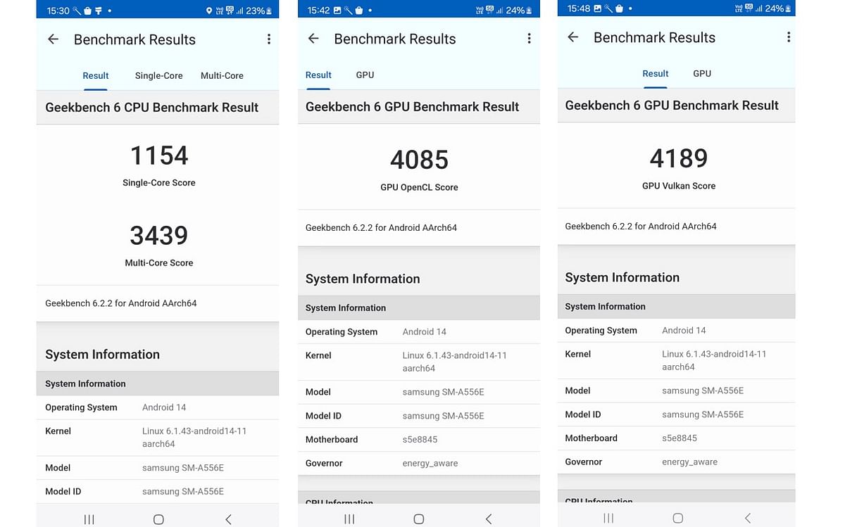 Samsung Galaxy A55's CPU and GPU performance score on Geekbench 6.0 performancing testing app.