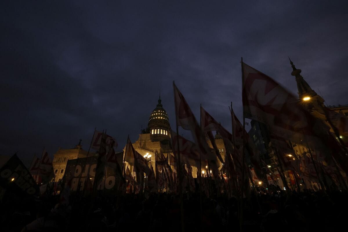 Demonstrators protest outside the National Congress on the day of the debate on Argentina's President Javier Milei's reform bill, known as the "omnibus bill", in Buenos Aires, Argentina April 29, 2024.
