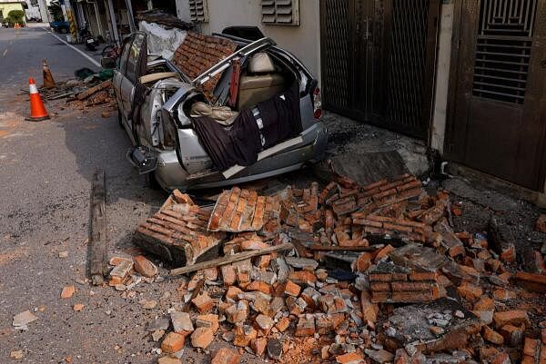 A damaged vehicle is pictured following the earthquake, in Hualien, Taiwan.
