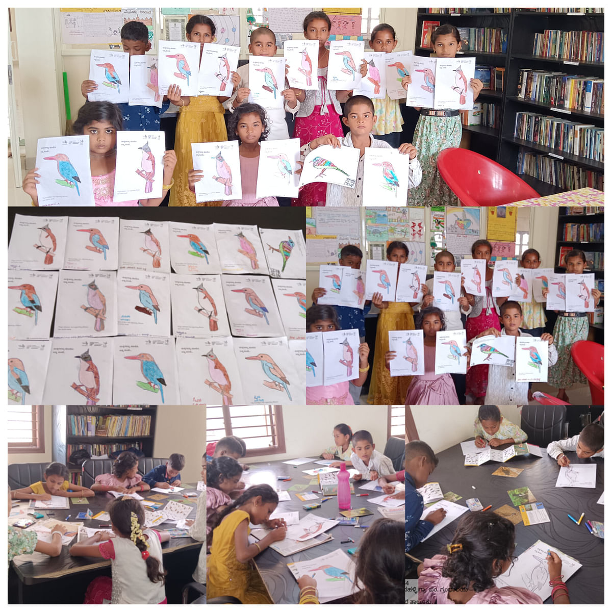 Children display their drawings at a gram panchayat library in Ramanagara district.