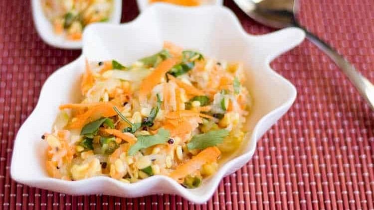 Kosambari: A refreshing and nutritious salad made with soaked split moong dal, grated carrot, cucumber, coconut, and coriander, Kosambari is a must-have dish during Ugadi festivities. 