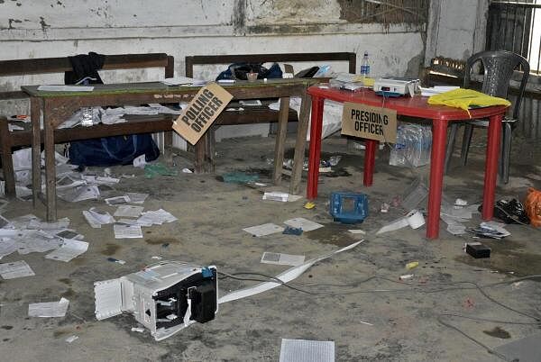 A view of a polling station that was damaged by a crowd during the first phase of the general election, in Khurai in Imphal East, Manipur, India.