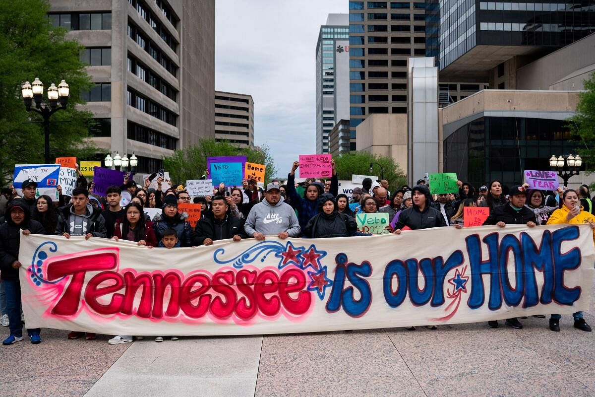 Protesters rally at Legislative Plaza near the Tennessee State Capitol building to urge Governor Bill Lee to veto proposed anti-immigration bills HB2124 and SB2576 in Nashville, Tennessee, U.S., April 4, 2024.