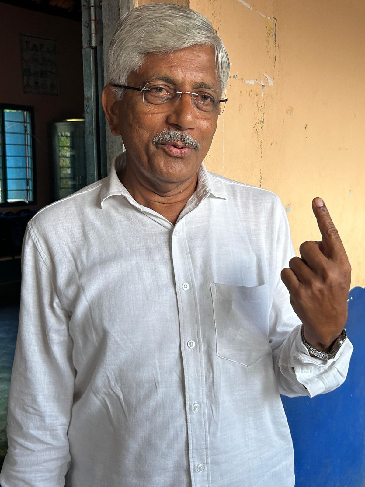 Udupi-Chikmagalur Lok Sabha constituency Congress candidate K Jayaprakash Hegde after exercising his franchise at Korgi School in Kundapura taluk.