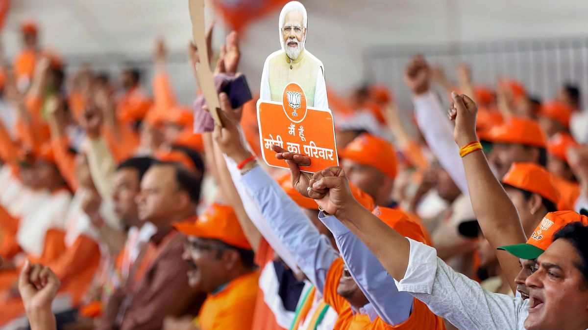 BJP supporters attend Prime Minister Narendra Modi's public meeting for Lok Sabha elections, in Amroha.