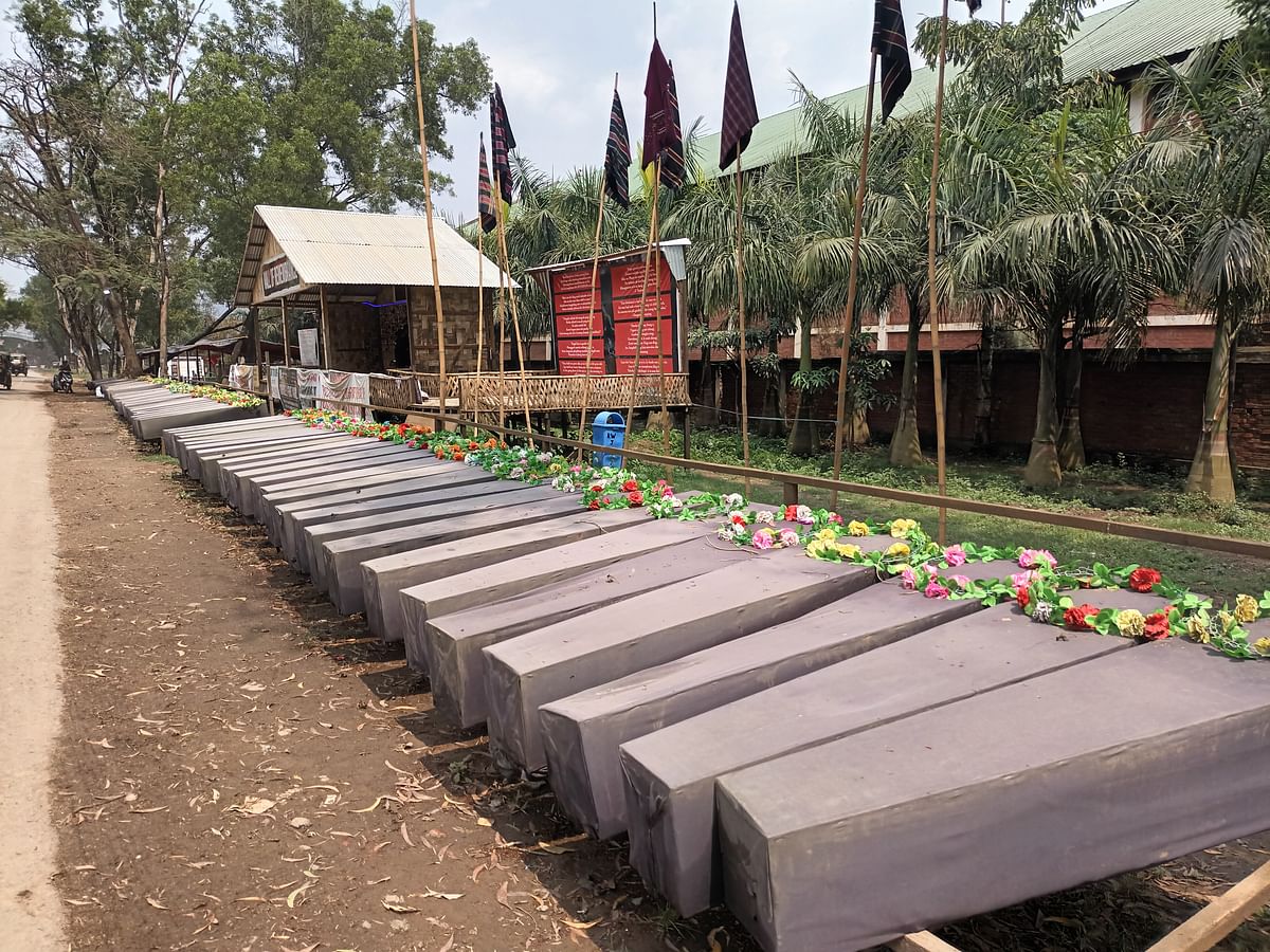The dummy coffins of those Kuki-Zos killed in the attack near Tuibong in Churachandpur town. 