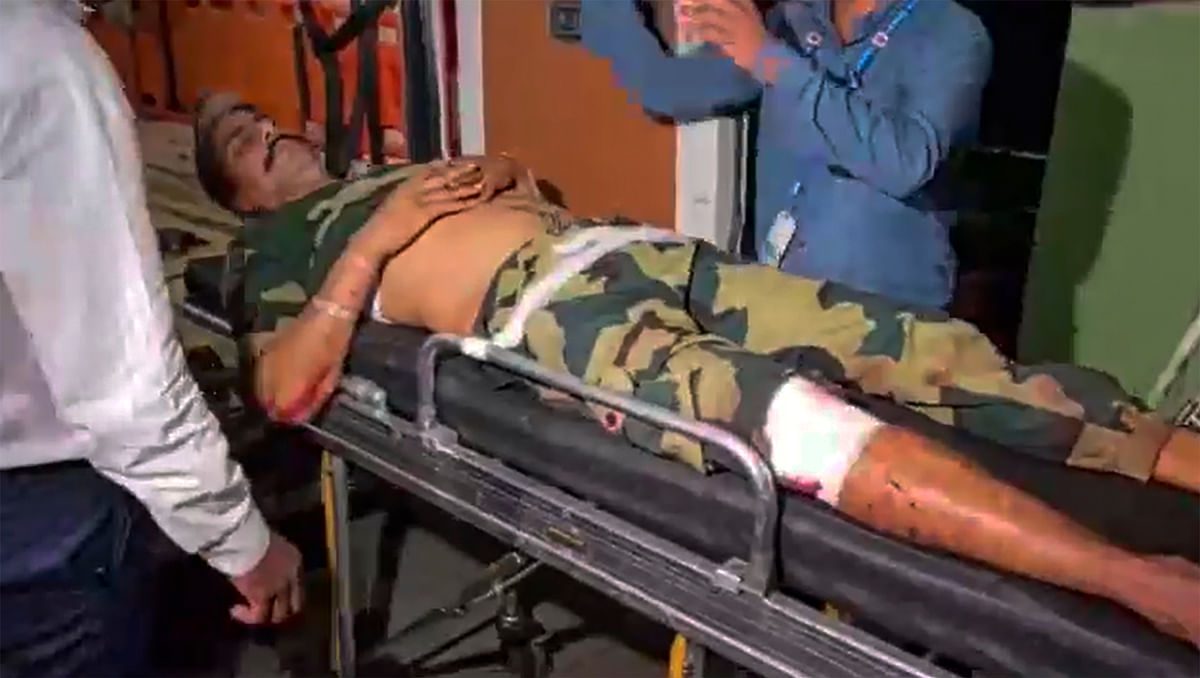 An injured security personnel being treated after an encounter with Naxalites, in Kanker district, on Tuesday.