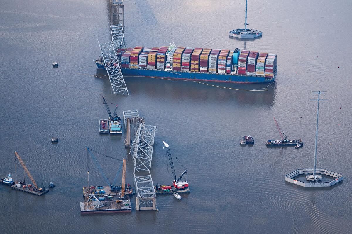 View of the Dali cargo vessel which crashed into the Francis Scott Key Bridge causing it to collapse in Baltimore, Maryland, U.S., April 4, 2024. 