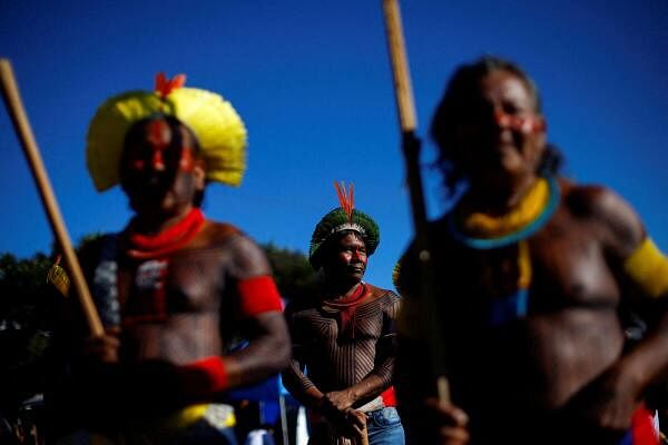 Indigenous Kayapo men attend the Terra Livre (Free Land) camp, a protest camp to demand the demarcation of land and to defend cultural rights, in Brasilia, Brazil