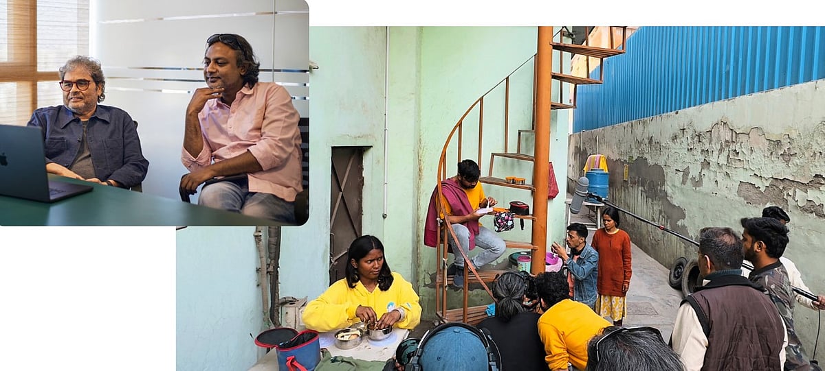 Filmmaker Prateek Vats (right) worked with mentor Vishal Bhardwaj (left). Right photo: Vats (foreground center) shot in New Delhi for his film Jal Tu Jalal Tu.