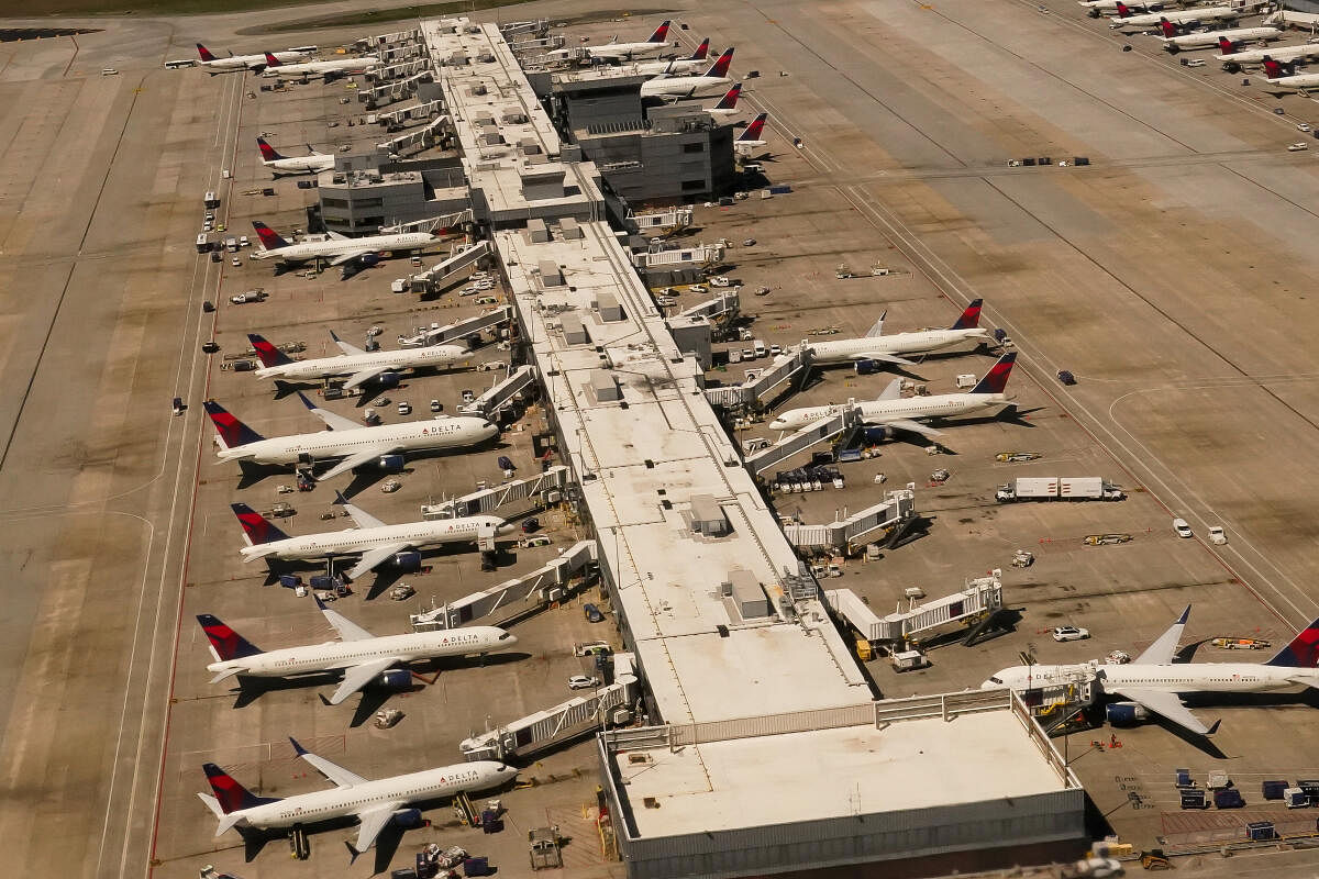 Delta commercial airliners are seen at Hartsfield-Jackson Atlanta International Airport in Atlanta