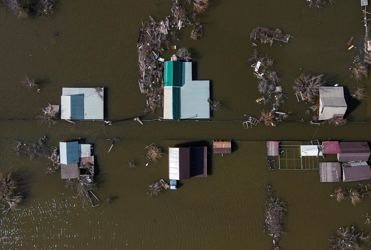 A drone view shows a flooded residential area in Orsk, in Orenburg Region, Russia April 13, 2024