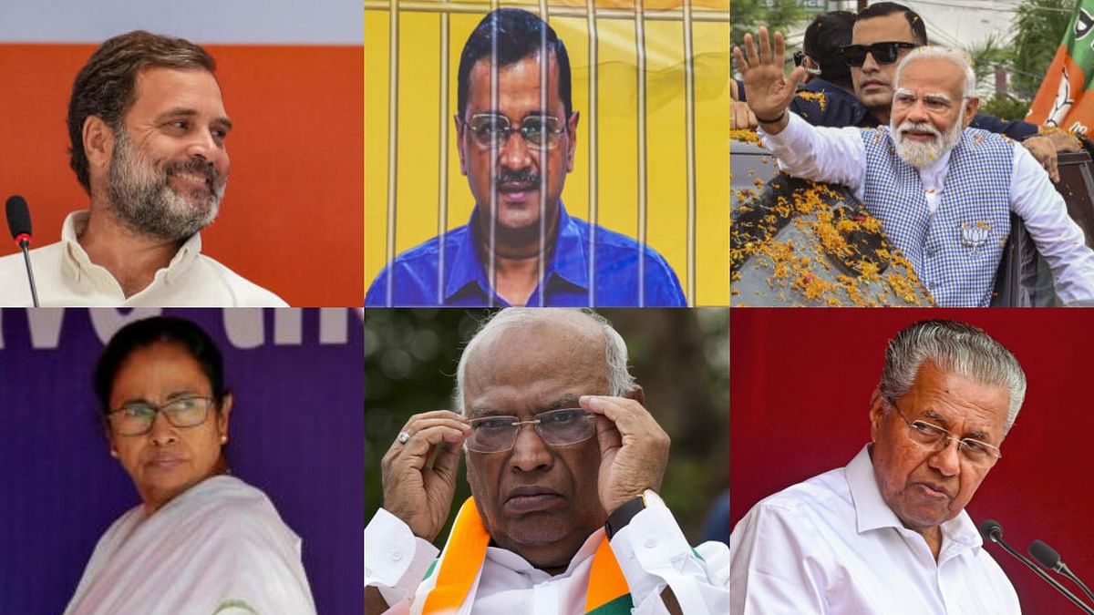 Political leaders Rahul Gandhi, Arvind Kejriwal, Narendra Modi, Mamata Banerjee, Mallikarjun Kharge and Pinarayi Vijayan.