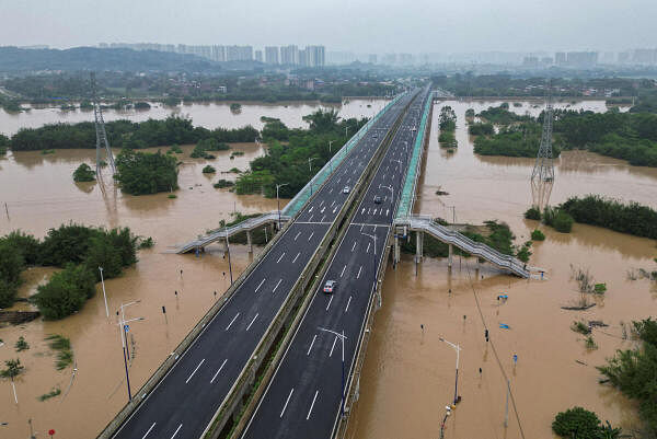A drone view shows roads submerged in floodwaters following heavy rainfall, in Qingyuan, Guangdong province, China 