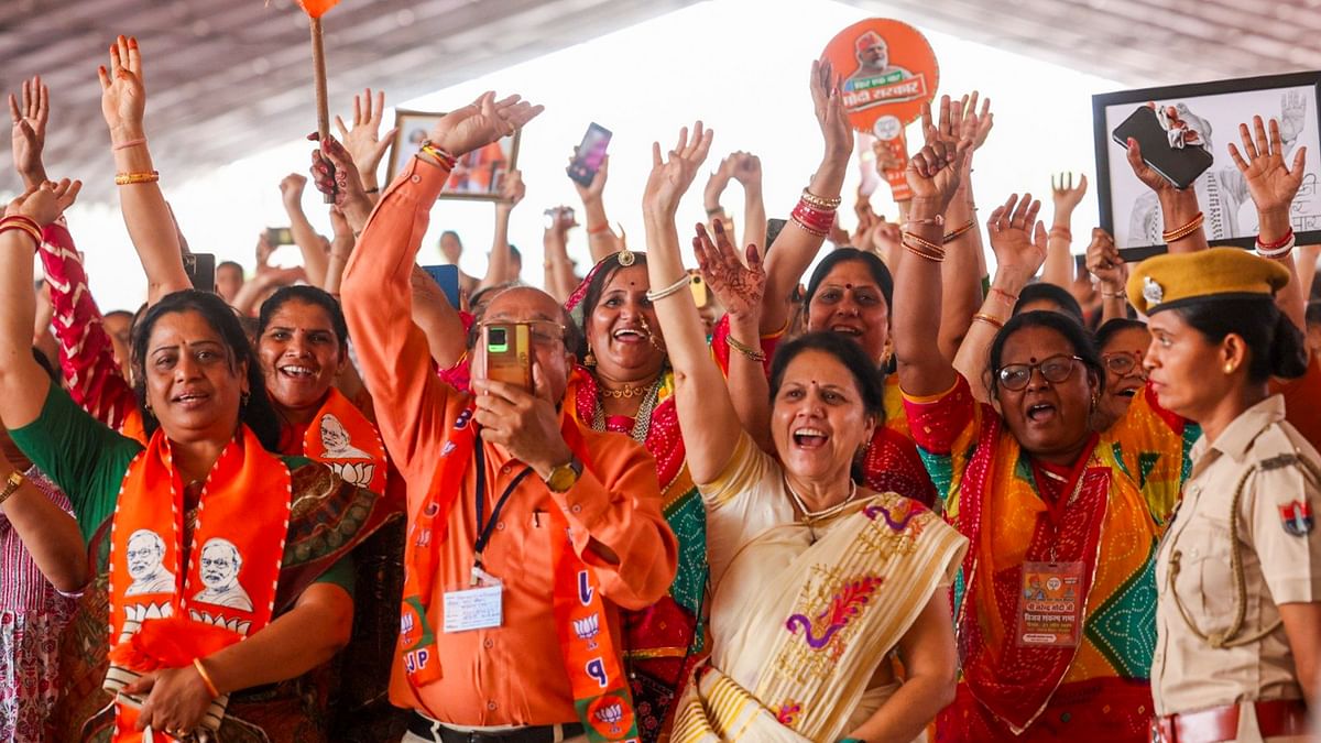 BJP supporters during a public meeting of Prime Minister Narendra Modi, in Jalore, Rajasthan.