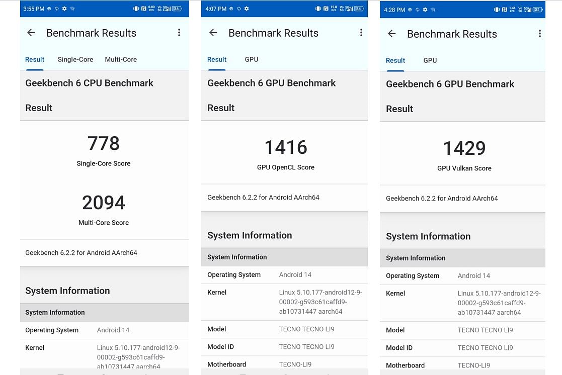 Tecno Pova 6 Pro's CPU and GPU performance scores recorded on Geekbench 6.0 app