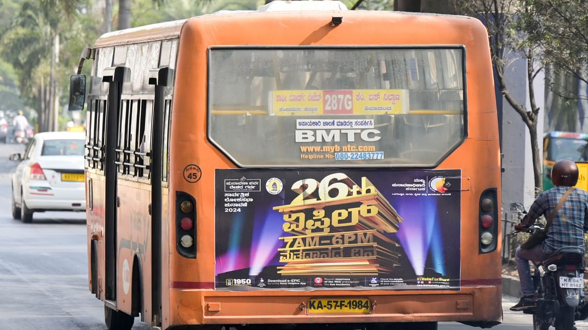 An advertisement on a BMTC bus to spread awareness about voting ahead of the Lok Sabha election, in Bengaluru.