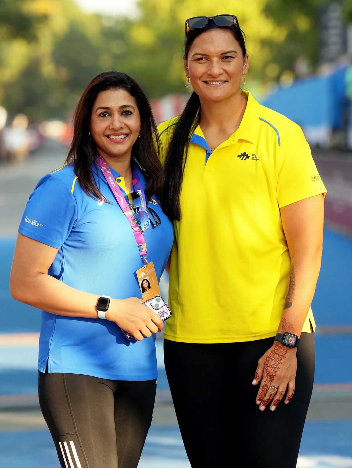 Two-time Olympic &amp; four-time Shot Put World Champion Valerie Adams and former Indian athlete Anju Bobby George during in the TCS World 10K Marathon, in Bengaluru, Sunday.