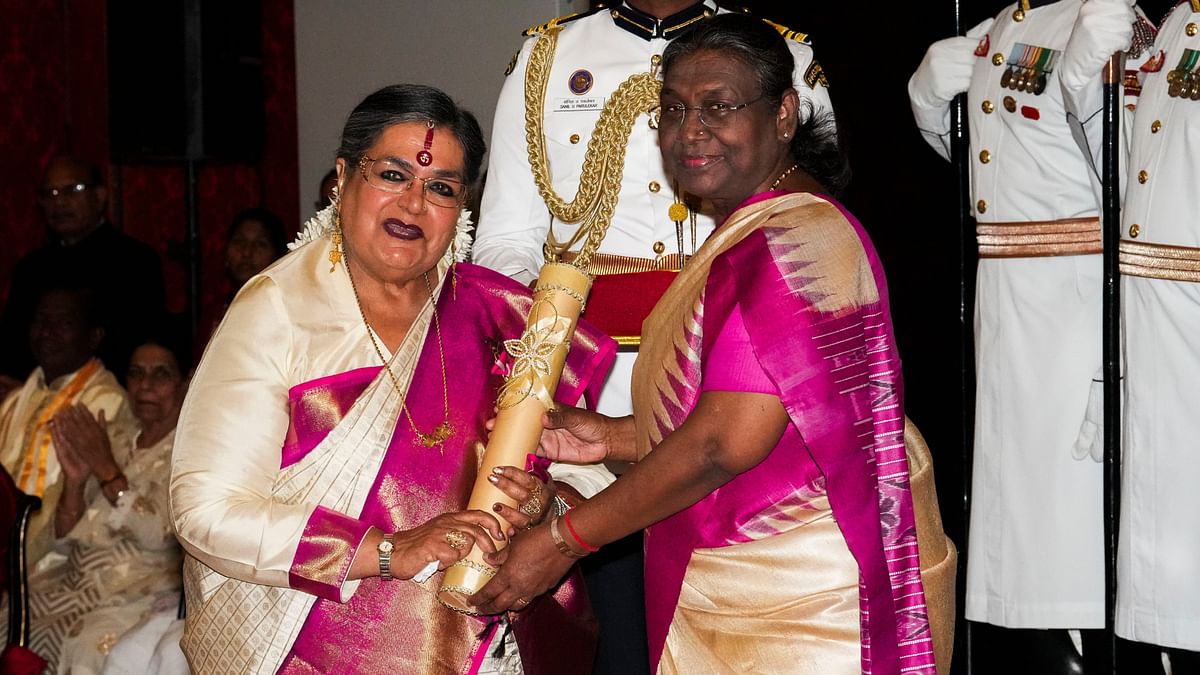 President Droupadi Murmu confers Padma Bhushan on singer Usha Uthup in the field of Art during Padma Awards 2024 ceremony at Rashtrapati Bhavan, in New Delhi.