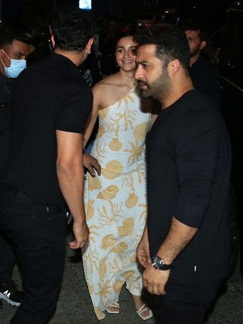 Jr NTR is seen with Ranbir Kapoor and Alia Bhatt as they leave after a dinner outing in Mumbai.