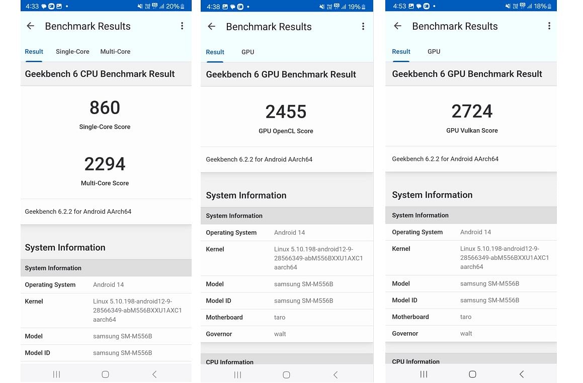 Samsung Galaxy M55's CPU and GPU performance score on Geekbench 6.0 app.