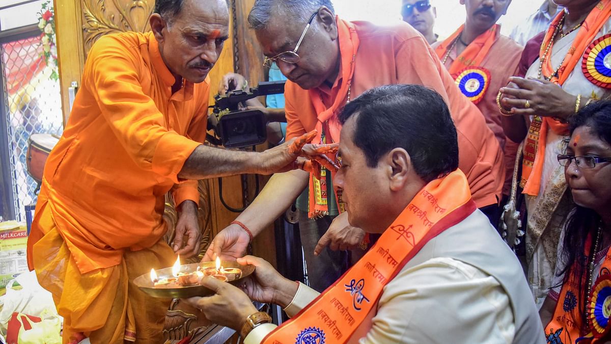 Union Minister and BJP leader Sarbananda Sonowal offers prayers at a Lord Hanuman temple on the occasion of 'Hanuman Jayanti', in Guwahati.