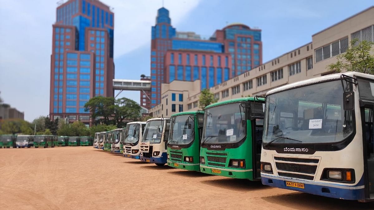 Vehicles requisitioned for the second phase of voting for Lok Sabha elections, parked at St Joseph's School in Bengaluru.