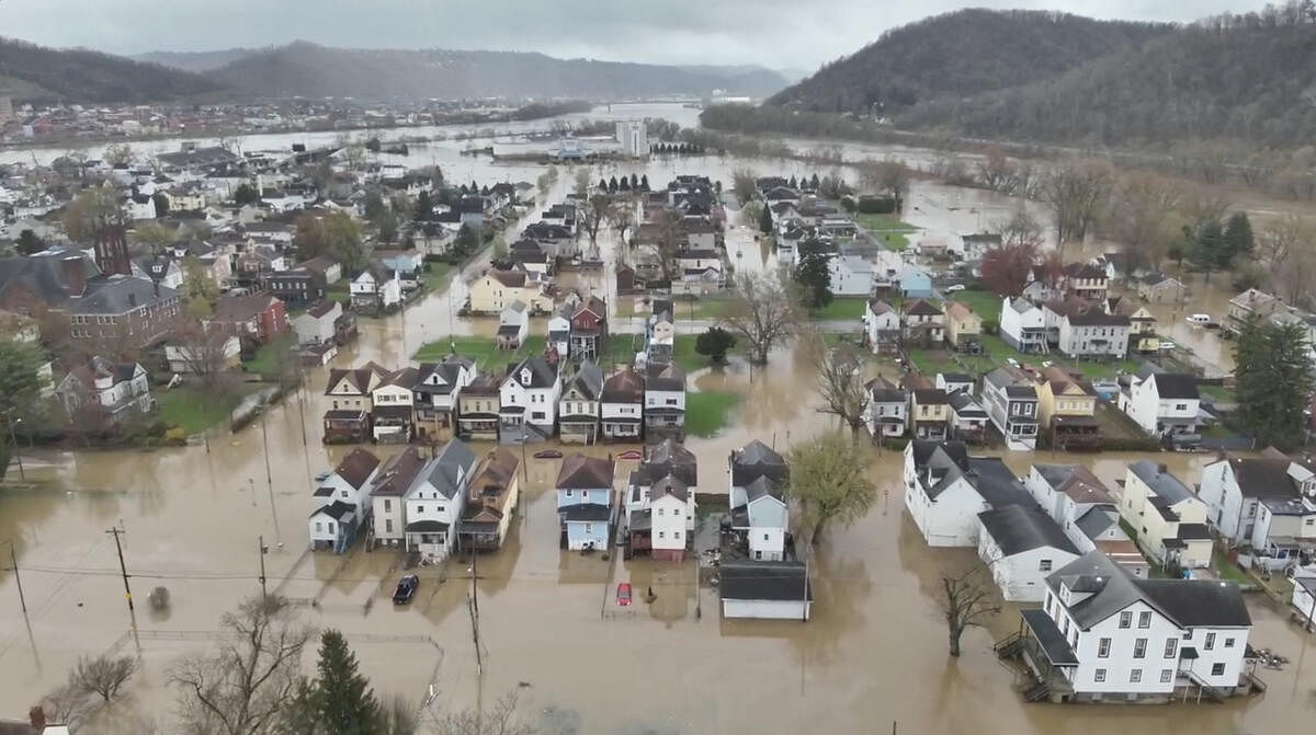 View of a flooded area in Wheeling Island, West Virginia, U.S., as seen in this screen grab taken from a handout drone video released April 4, 2024.