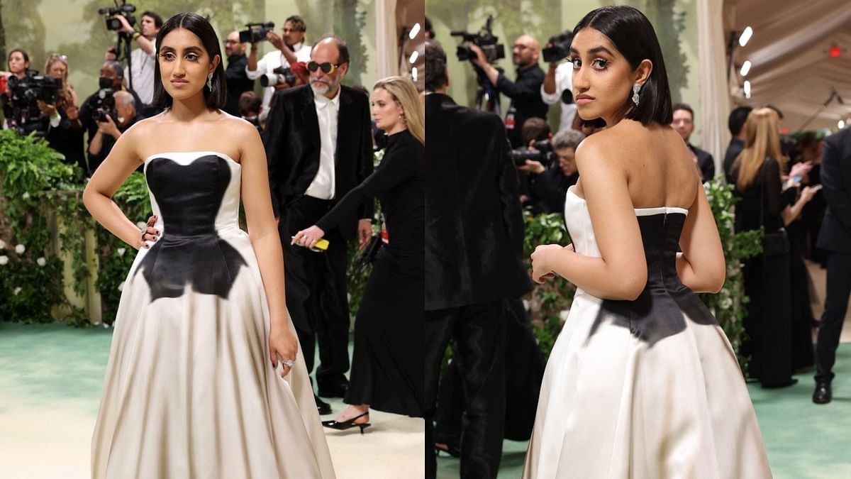  One Day star Ambika Mod made her first Met Gala appearance in a monochrome black and white gown from Loewe.