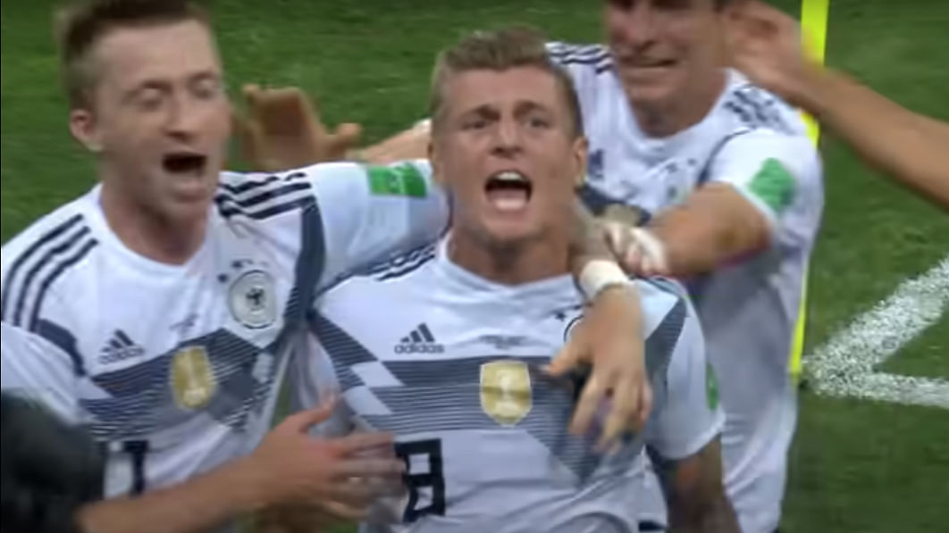 Toni Kroos celebrating after scoring a crucial free-kick vs Sweden in the 2018 World Cup.