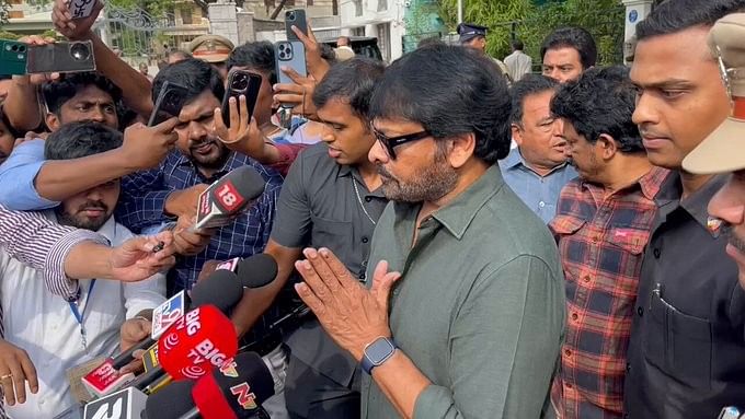 Megastar Chiranjeevi interacts with media after casting his vote in Hyderabad.