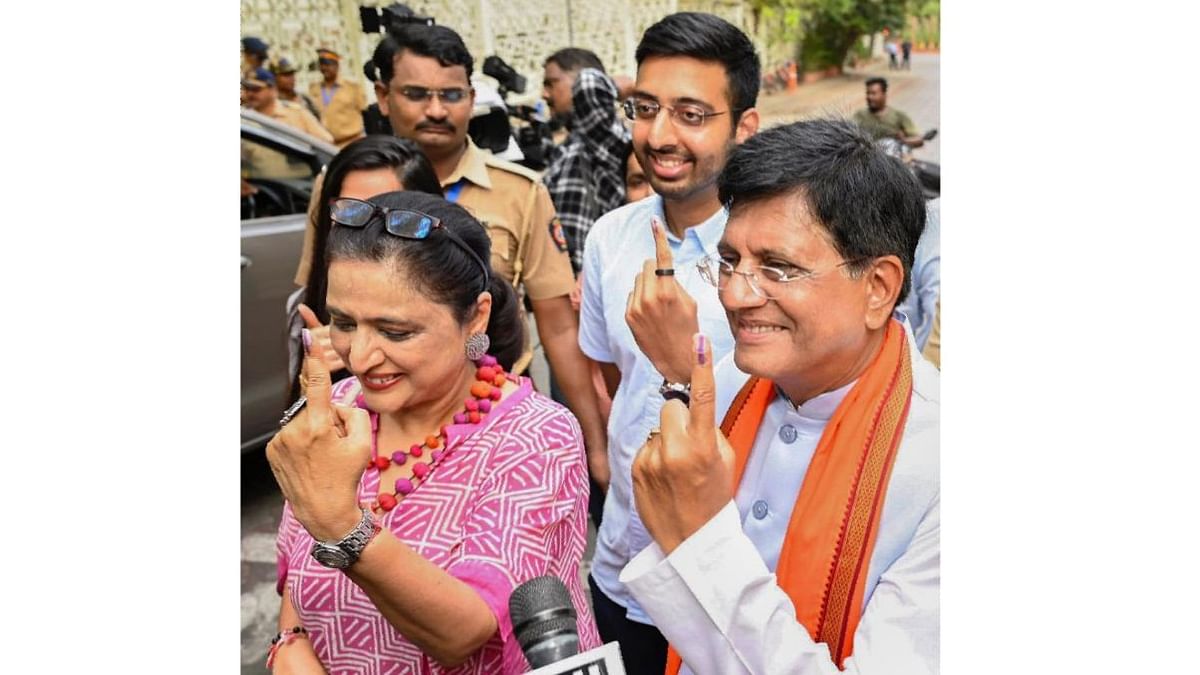 Union Minister Piyush Goyal shows his inked finger after casting his vote during the fifth phase of Lok Sabha elections, in Mumbai.