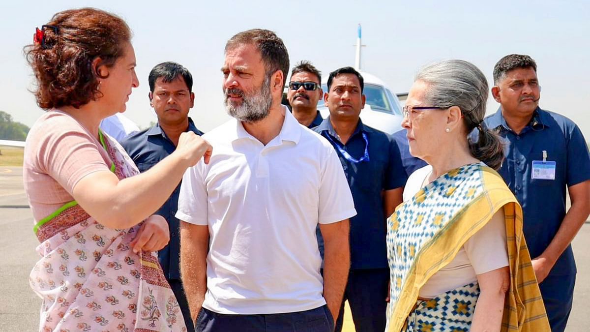 Congress leaders Rahul Gandhi, Sonia Gandhi and Priyanka Gandhi Vadra upon their arrival in Raebareli before  filing of nomination papers by Rahul ahead of the third phase of the Lok Sabha elections