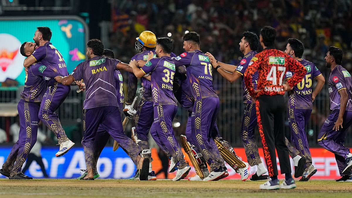 Kolkata Knight Riders players celebrate after winning the Indian Premier League (IPL) 2024 final cricket match against Sunrisers Hyderabad at MA Chidambaram Stadium, in Chennai.