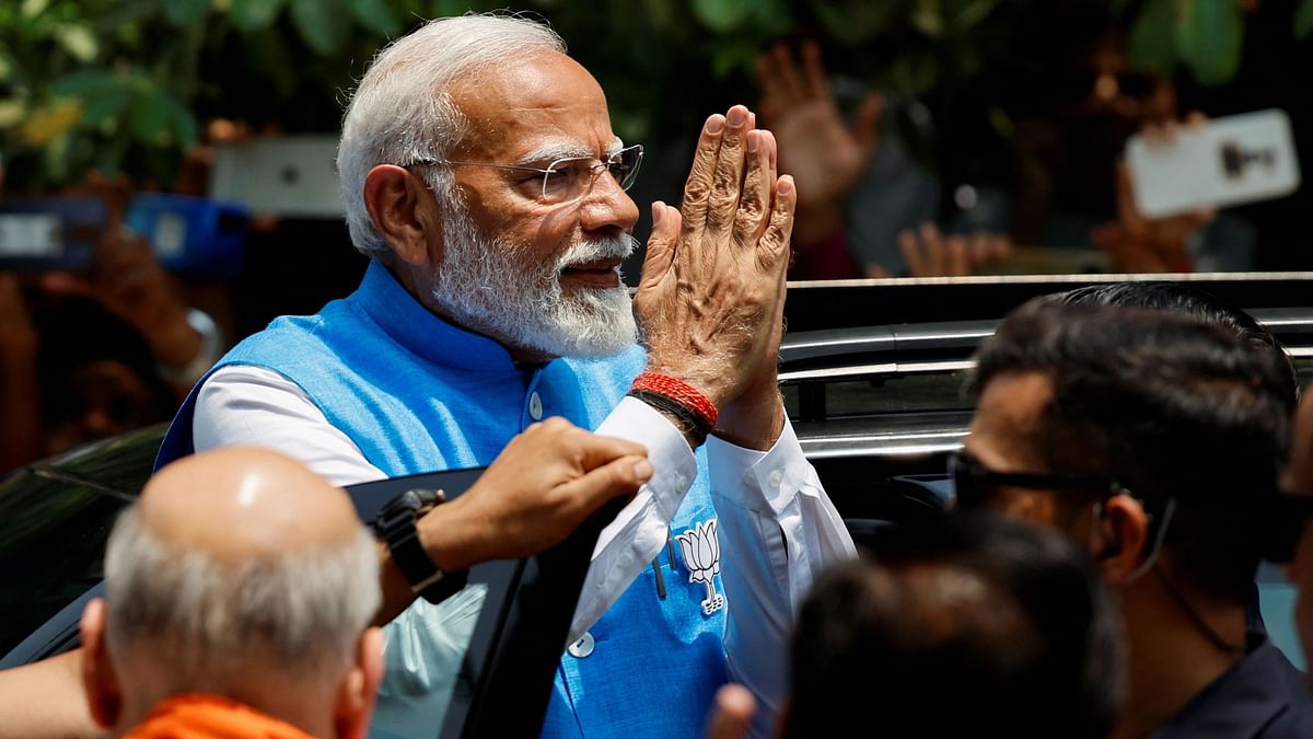 Prime Minister Narendra Modi gestures on the day he files his nomination papers for the general elections in Varanasi.