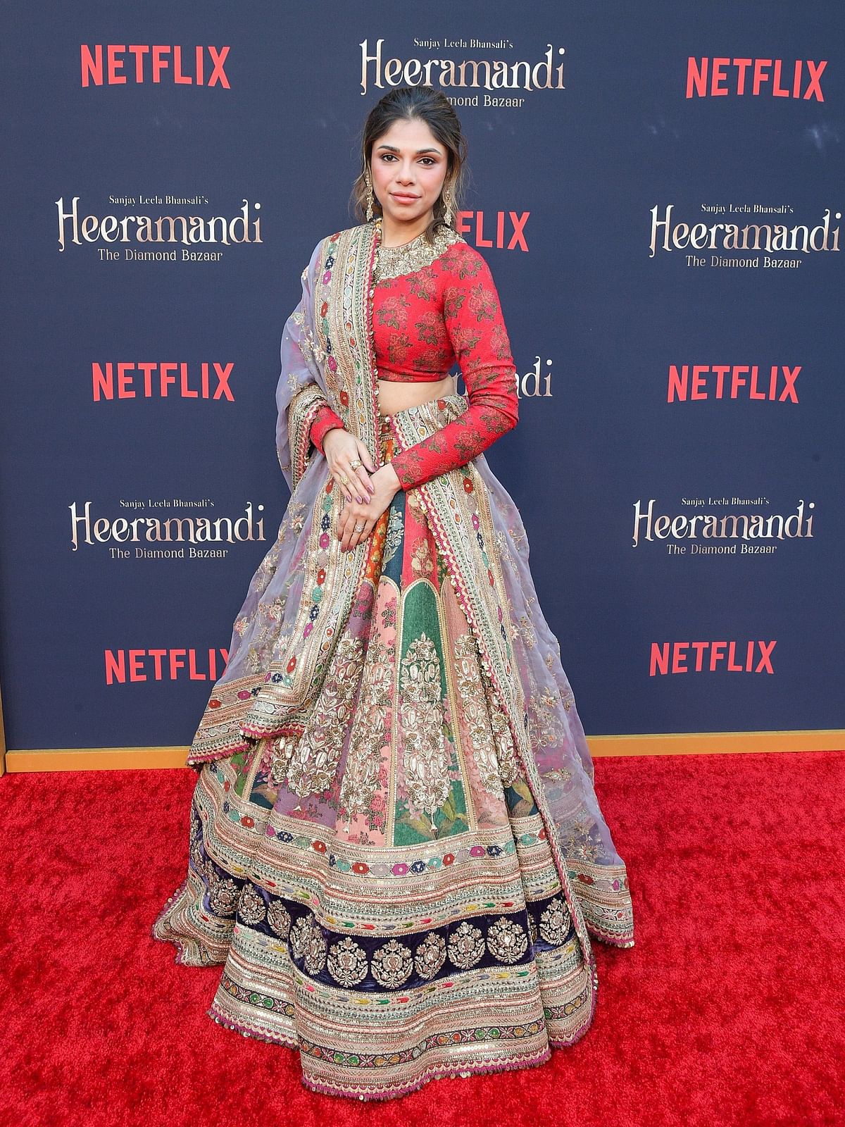 Actress Sharmin Segal Mehta made heads turn in a heavily embellished designer lehenga at the special screening of Heeramandi: The Diamond Bazaar in LA.