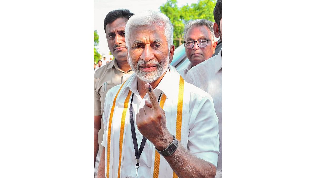 YSRCP MP Vijayasai Reddy V shows his inked finger after casting vote for the fourth phase of Lok Sabha elections, in Kondayapalem of Nellore.
