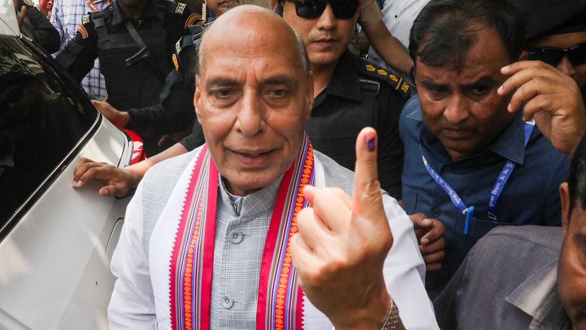 Defence Minister and BJP candidate Rajnath Singh after casting his vote during the fifth phase of Lok Sabha elections, in Lucknow.